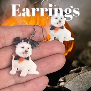 Halloween Dog acrylic Drop Earrings, Bat Costume, Doggy , Pet Lover, Doggy Bat